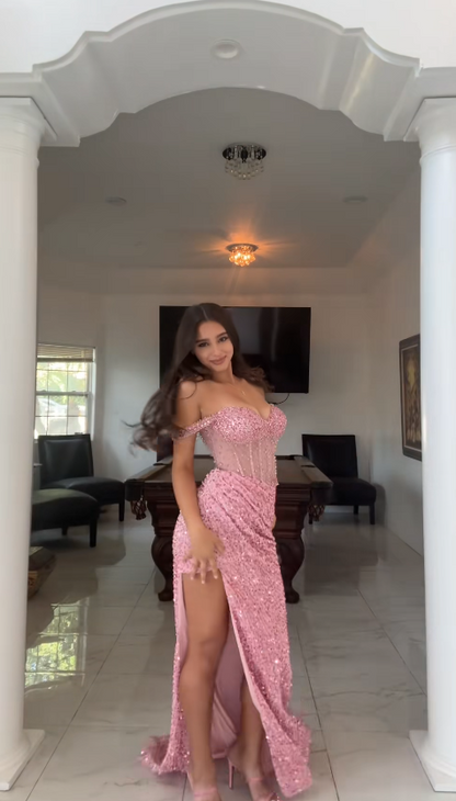 Gorgeous Pink Prom Dress Sheath Sequins Slit Long Evening Dresses ED12103