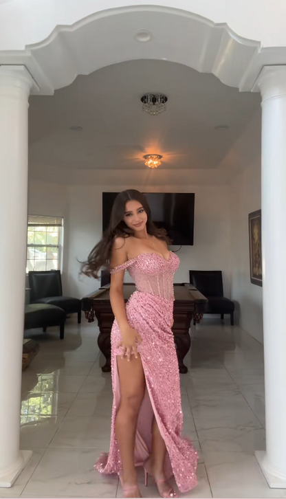 Gorgeous Pink Prom Dress Sheath Sequins Slit Long Evening Dresses ED12103