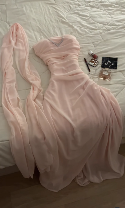 Chic Pink Prom Dress Sheath Chiffon Long Evening Dresses ED12107