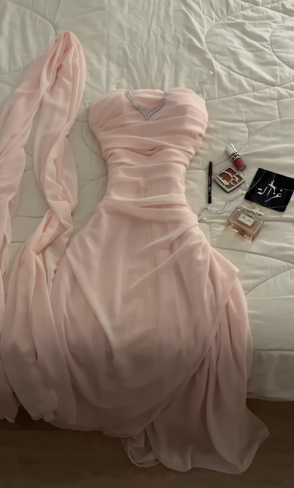 Chic Pink Prom Dress Sheath Chiffon Long Evening Dresses ED12107