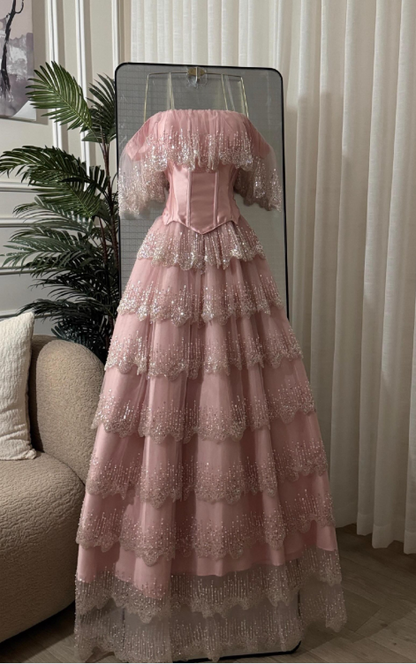 Chic Pink Prom Dress A-line Tulle Sequins Long Evening Dresses ED12108