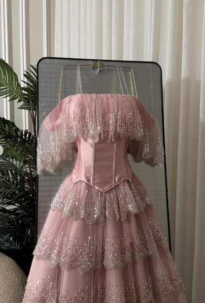 Chic Pink Prom Dress A-line Tulle Sequins Long Evening Dresses ED12108