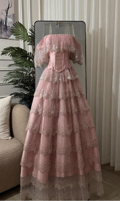 Chic Pink Prom Dress A-line Tulle Sequins Long Evening Dresses ED12108