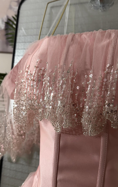 Chic Pink Prom Dress A-line Tulle Sequins Long Evening Dresses ED12108
