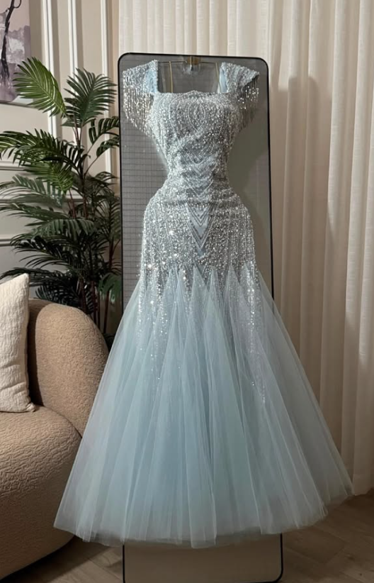 Chic Pale Blue Prom Dress A-line Tulle Sequins Long Evening Dresses ED12109
