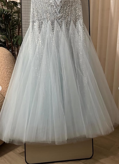 Chic Pale Blue Prom Dress A-line Tulle Sequins Long Evening Dresses ED12109