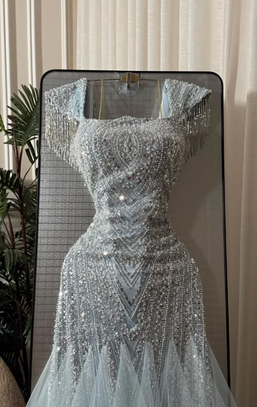 Chic Pale Blue Prom Dress A-line Tulle Sequins Long Evening Dresses ED12109