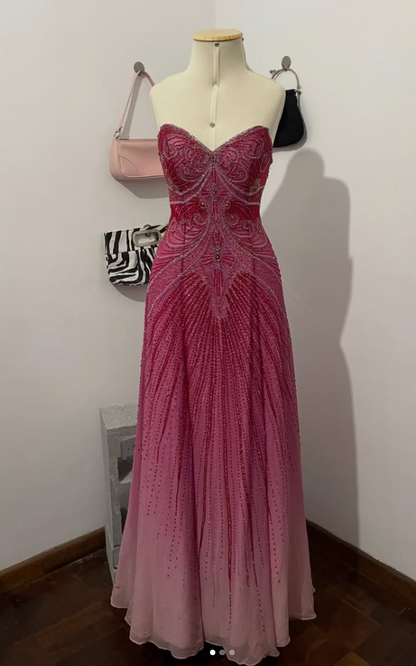 Schickes rosa Abendkleid, figurbetont, aus Chiffon mit Pailletten, lang, ED12112