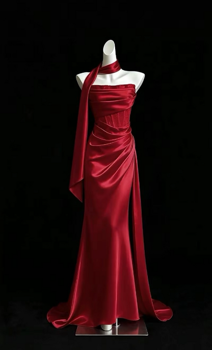 Robe de soirée longue simple rouge en satin fourreau pour invitée de mariage ED12123