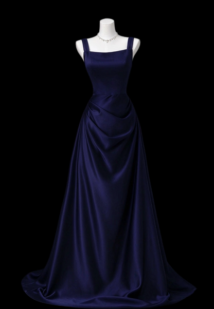 Robe de soirée longue simple bleu marine pour invitée de mariage, robe fourreau en satin ED12124