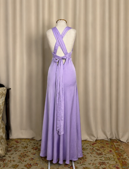 Robe de soirée longue simple en satin fourreau lilas pour invitée de mariage ED12125