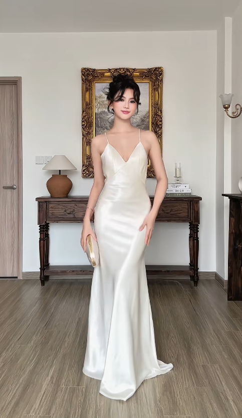 Robe de soirée longue simple blanche pour invitée de mariage, coupe fourreau en satin ED12128