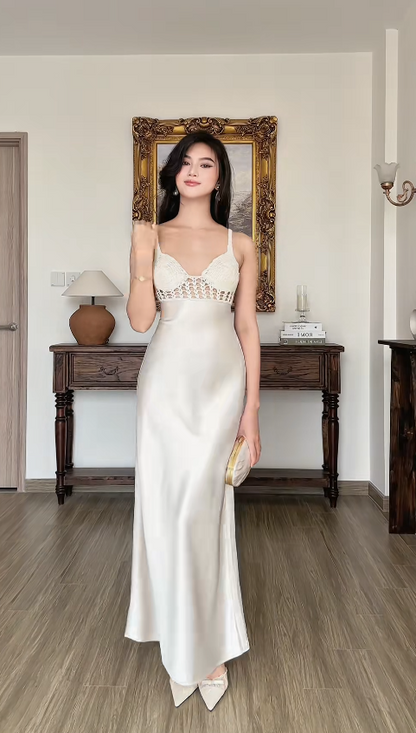 Robe de soirée longue simple blanche pour invitée de mariage, coupe fourreau en satin ED12128