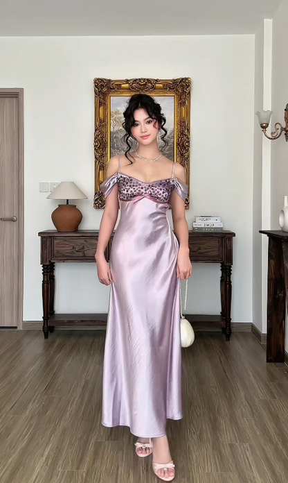 Robe de soirée longue simple en satin violet, coupe fourreau, pour invitée de mariage ED12130