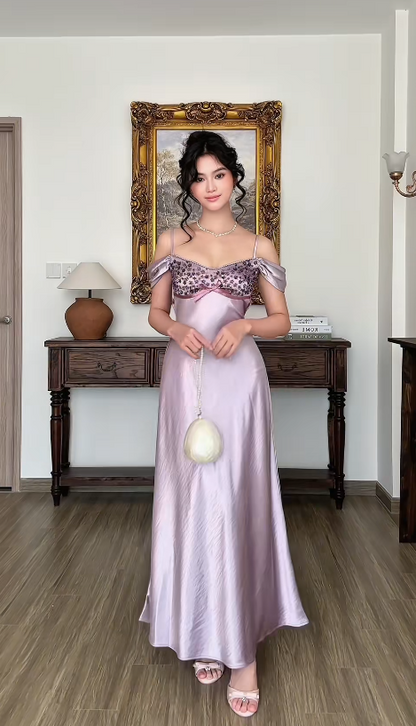Robe de soirée longue simple en satin violet, coupe fourreau, pour invitée de mariage ED12130