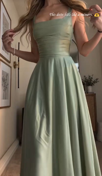 Robe de soirée longue en satin fourreau vert sauge simple pour invitée de mariage ED12131