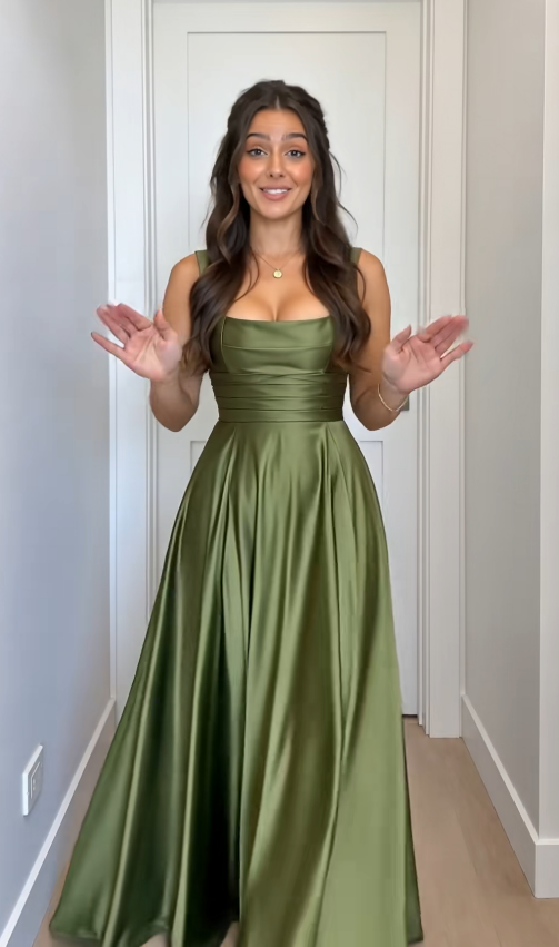 Robe de soirée longue en satin coupe trapèze vert simple pour invitée de mariage ED12132