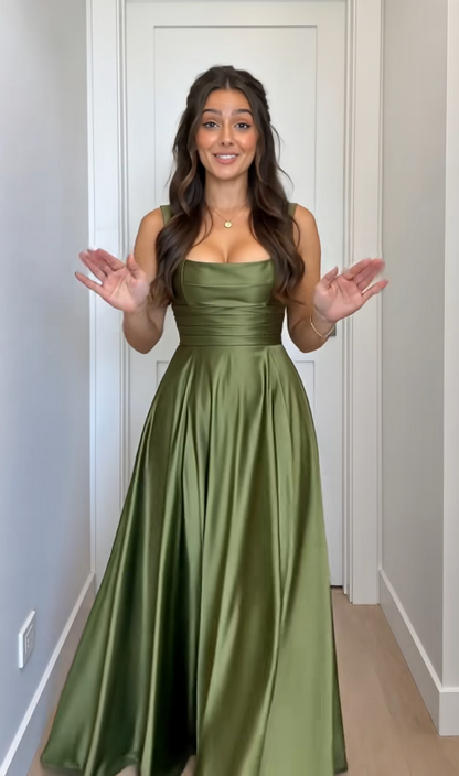 Robe de soirée longue en satin coupe trapèze vert simple pour invitée de mariage ED12132