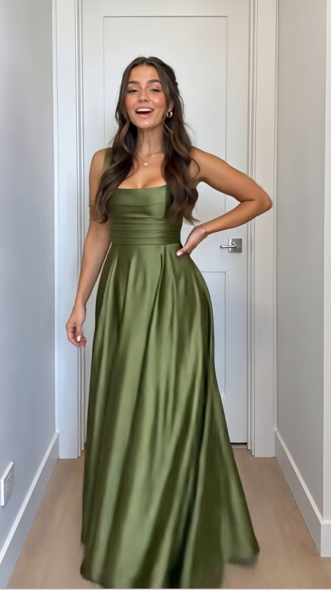 Robe de soirée longue en satin coupe trapèze vert simple pour invitée de mariage ED12132