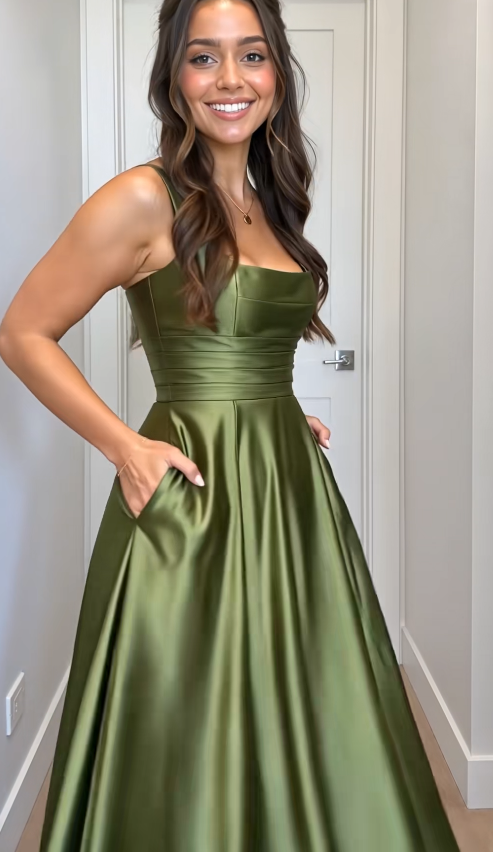 Robe de soirée longue en satin coupe trapèze vert simple pour invitée de mariage ED12132