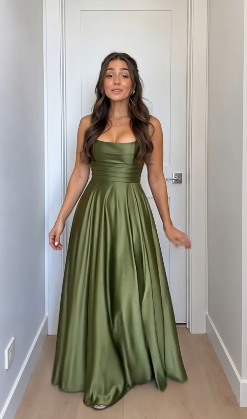 Robe de soirée longue en satin coupe trapèze vert simple pour invitée de mariage ED12132