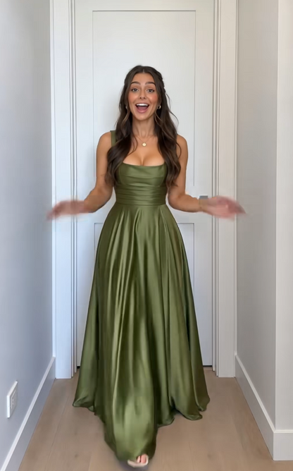 Robe de soirée longue en satin coupe trapèze vert simple pour invitée de mariage ED12132