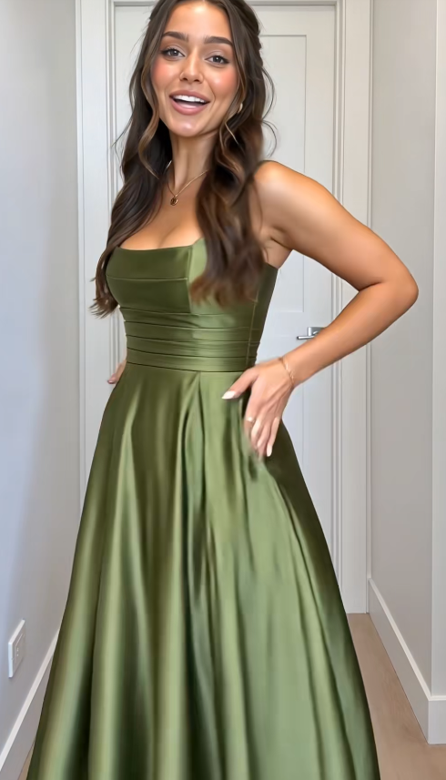 Robe de soirée longue en satin coupe trapèze vert simple pour invitée de mariage ED12132