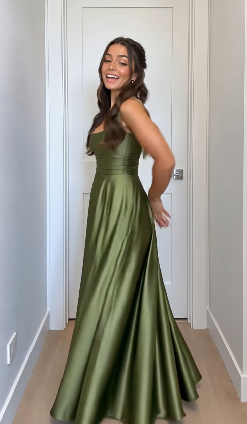 Robe de soirée longue en satin coupe trapèze vert simple pour invitée de mariage ED12132