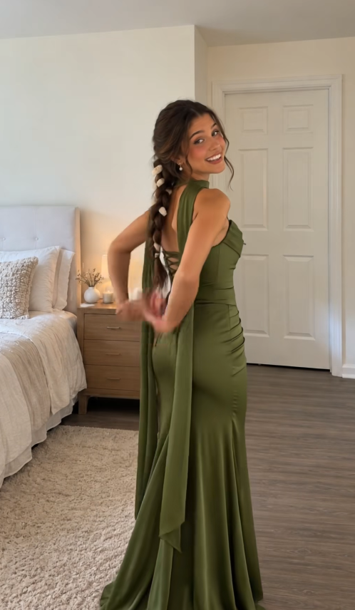 Einfaches olivgrünes Etuikleid aus Satin für Hochzeitsgäste, langes Abendkleid ED12133