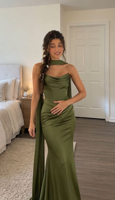 Einfaches olivgrünes Etuikleid aus Satin für Hochzeitsgäste, langes Abendkleid ED12133