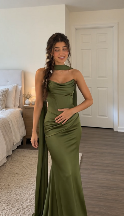 Einfaches olivgrünes Etuikleid aus Satin für Hochzeitsgäste, langes Abendkleid ED12133