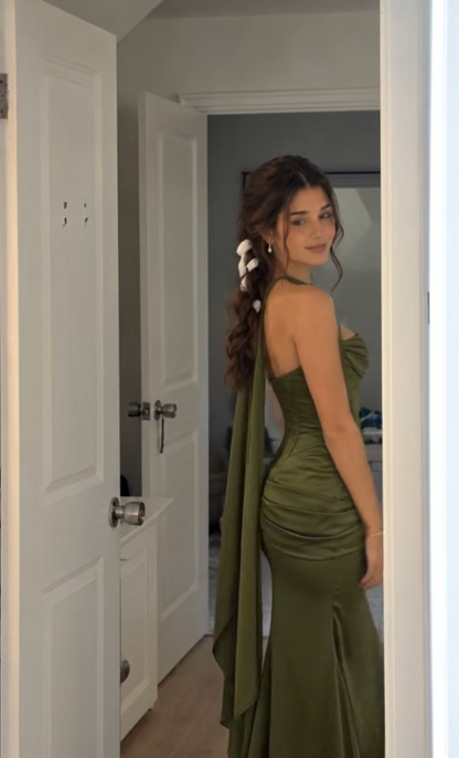 Einfaches olivgrünes Etuikleid aus Satin für Hochzeitsgäste, langes Abendkleid ED12133