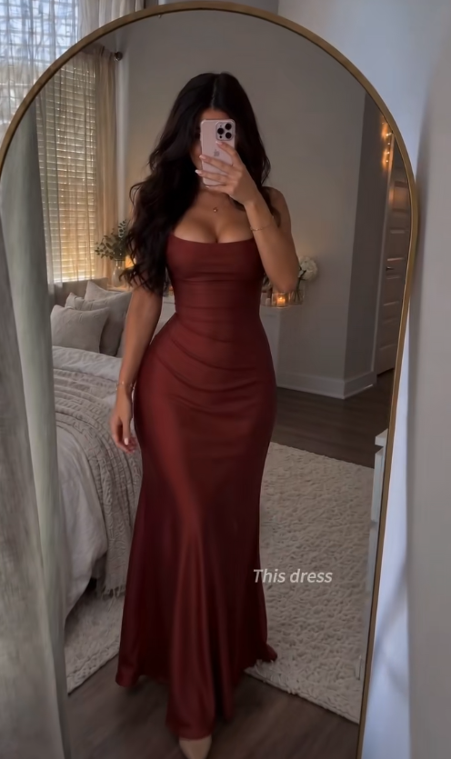 Simple Burgundy Wdding Guest Dress Sheath Satin Long Evening Dress ED12134