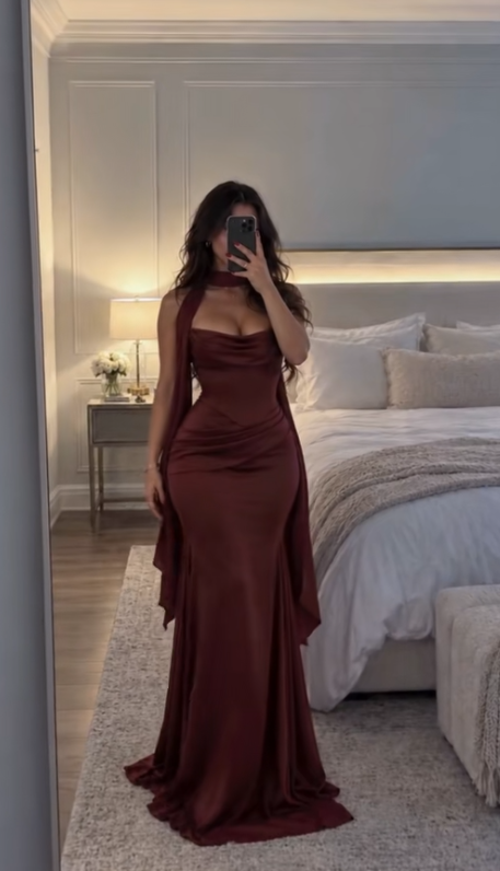 Simple Burgundy Wdding Guest Dress Sheath Satin Long Evening Dress ED12135