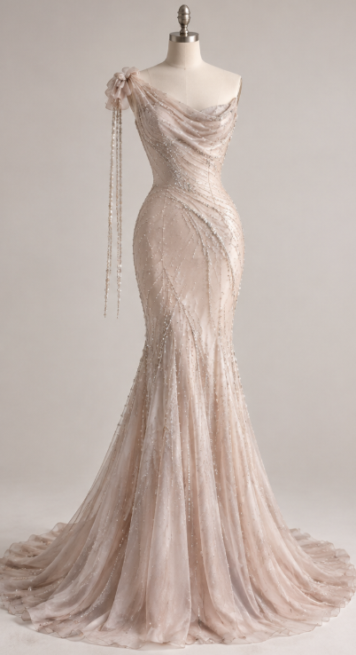 Pretty Nude Pink Prom Dress  Sheath Beaded Chiffon Long Evening Dress ED12137