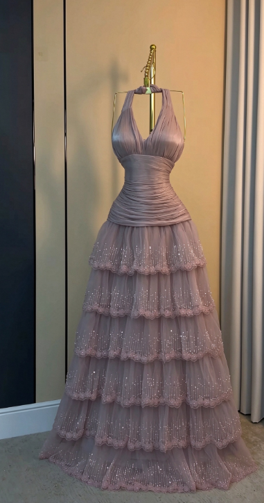 Jolie robe de bal rose  Robe de soirée longue trapèze en tulle à sequins ED12138