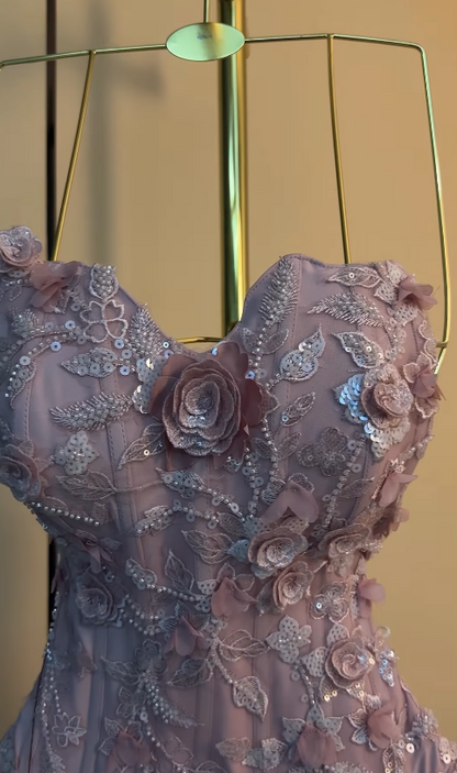 Jolie robe de bal rose  Robe de soirée longue fourreau en mousseline à appliqués ED12139