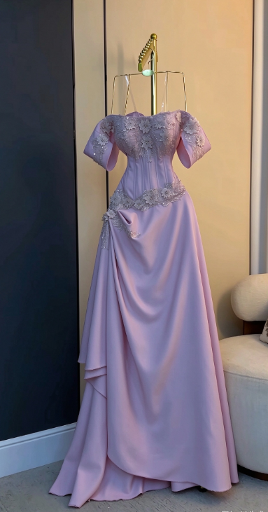 Pretty Off-shoulder Pink Prom Dress  Sheath Beaded Chiffon Long Evening Dress ED12140
