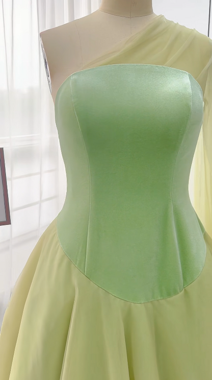 Jolie robe de bal verte trapèze en mousseline, longue robe de soirée ED12143