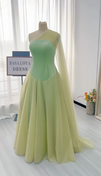 Jolie robe de bal verte trapèze en mousseline, longue robe de soirée ED12143