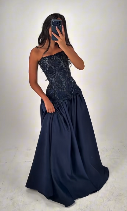 Robe de bal tendance bleu marine, robe de soirée longue fourreau en satin ED12150