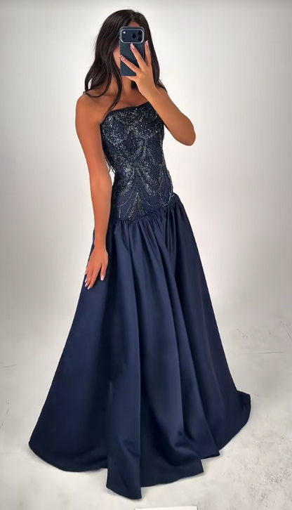 Robe de bal tendance bleu marine, robe de soirée longue fourreau en satin ED12150