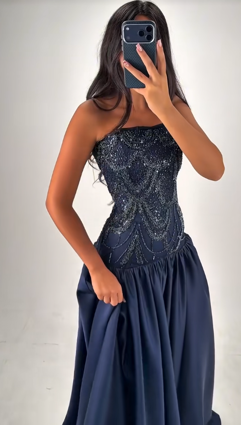 Robe de bal tendance bleu marine, robe de soirée longue fourreau en satin ED12150
