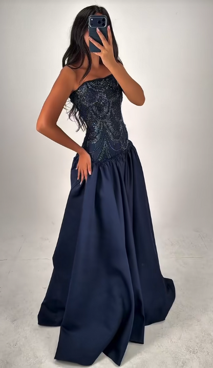 Robe de bal tendance bleu marine, robe de soirée longue fourreau en satin ED12150