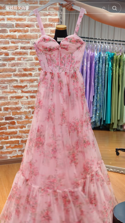 Robe de bal rose à fleurs tendance, robe de soirée longue en mousseline de coupe trapèze ED12151