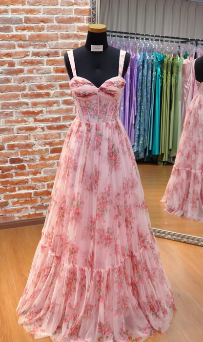 Robe de bal rose à fleurs tendance, robe de soirée longue en mousseline de coupe trapèze ED12151