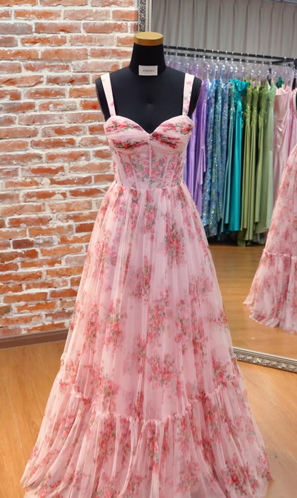 Robe de bal rose à fleurs tendance, robe de soirée longue en mousseline de coupe trapèze ED12151