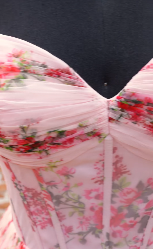 Robe de bal rose à fleurs tendance, robe de soirée longue en mousseline de coupe trapèze ED12151
