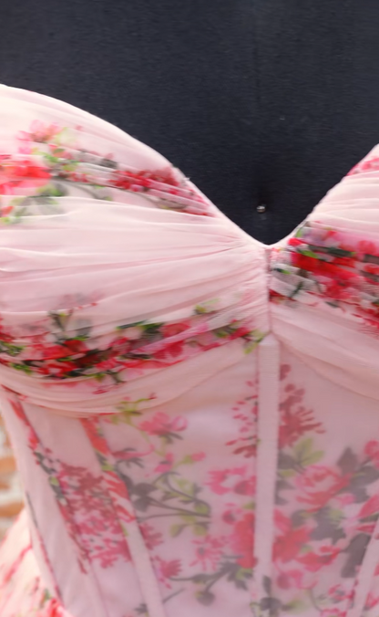 Robe de bal rose à fleurs tendance, robe de soirée longue en mousseline de coupe trapèze ED12151