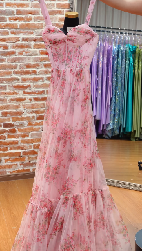 Robe de bal rose à fleurs tendance, robe de soirée longue en mousseline de coupe trapèze ED12151